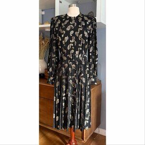 Vtg 70’s Adele Simpson Black Metallic Gold Paisley Button Midi Dress Pleated M